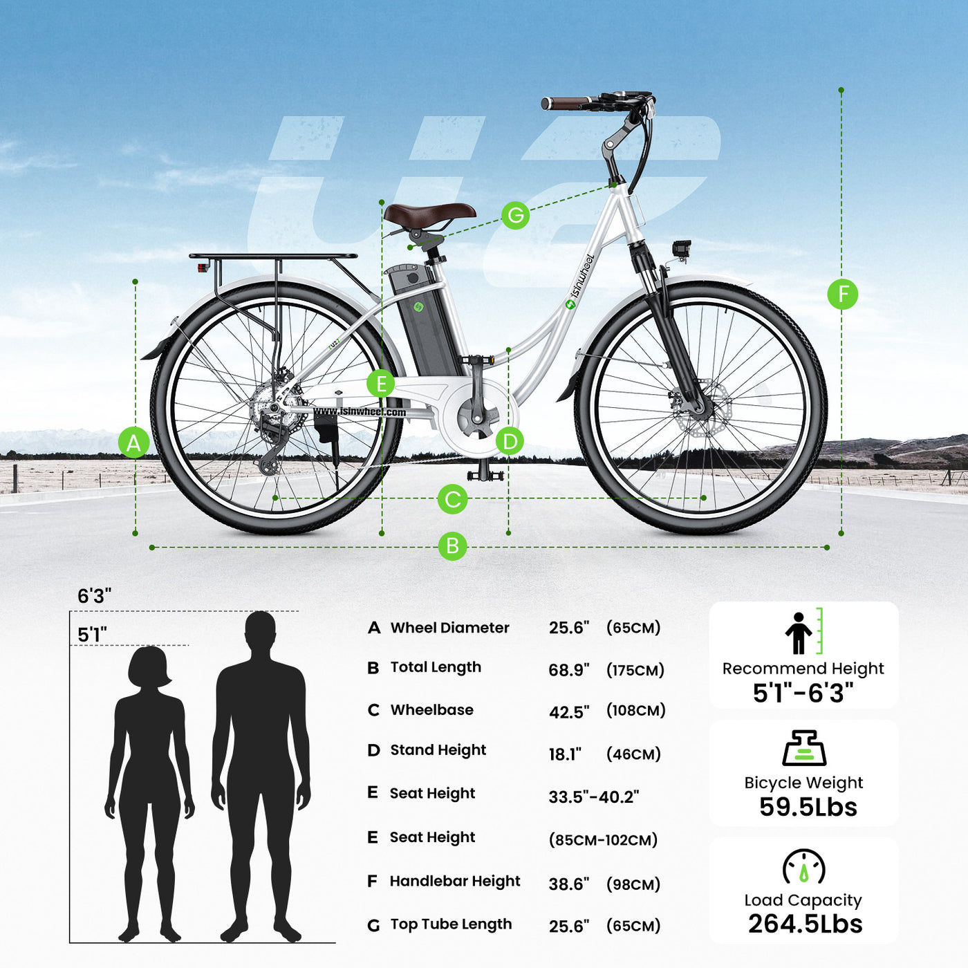 iSinwheel U2 City Commuter Electric Bike 65Miles Range