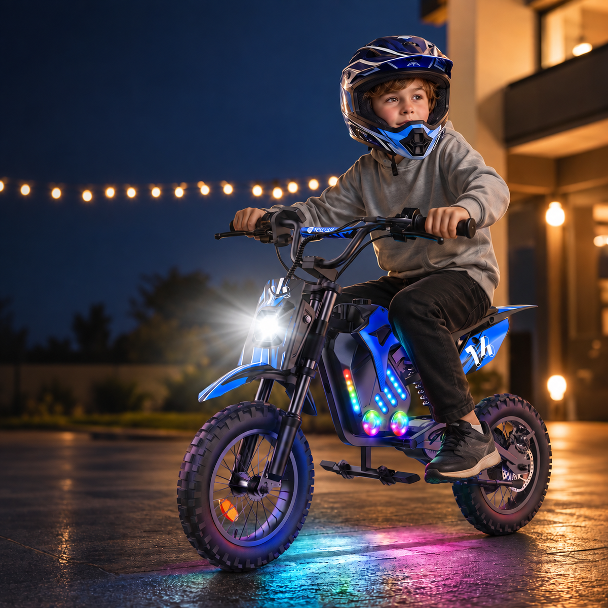 A14 kids electric dirt bike headlight and ambient lighting